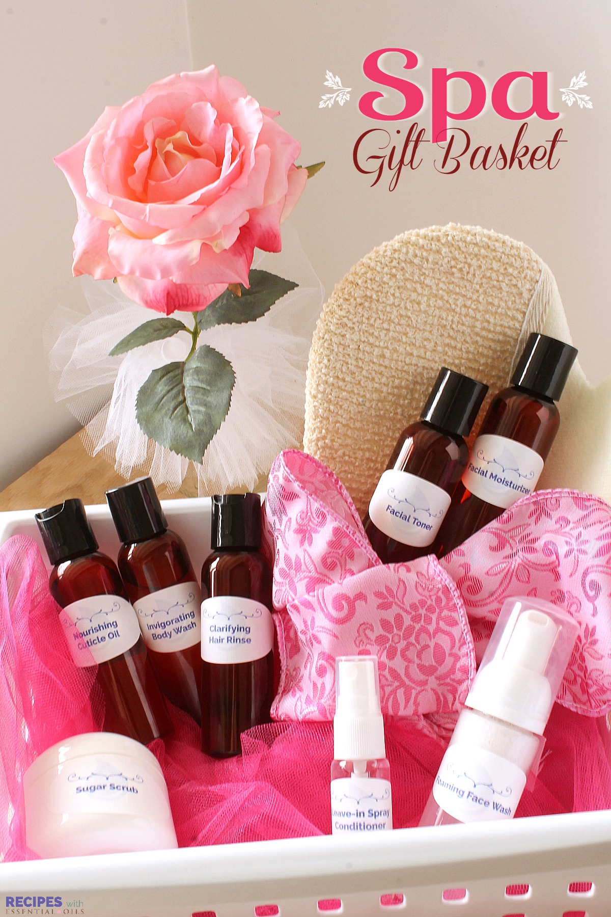 Gift Idea: Spa Gift Basket filled with luxurious beauty products made from essential oils from RecipeswithEssentialOils.com